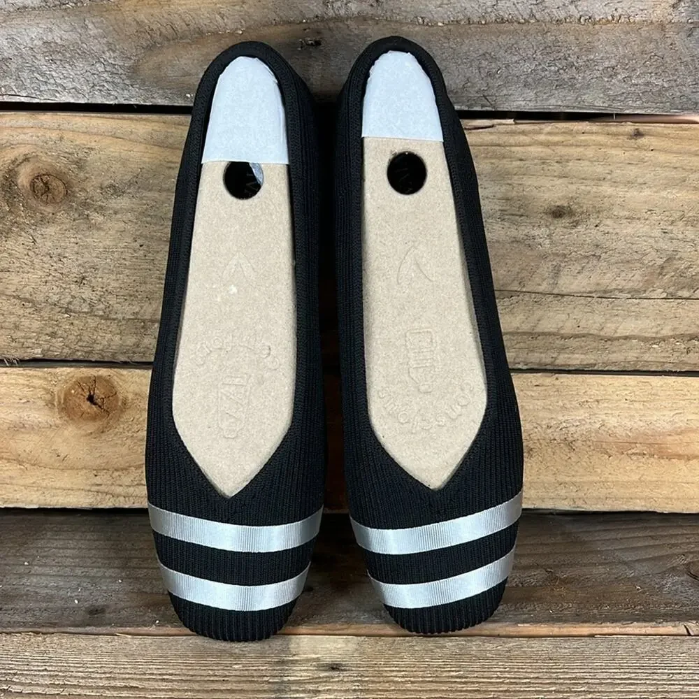 Black Ribbed Ballet Flats with Silver Stripes and Removable Bows